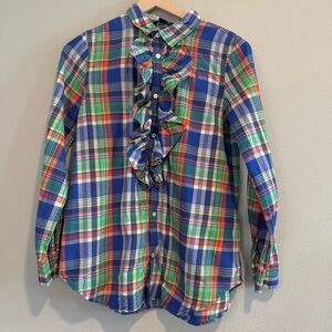 Ralph Lauren Button Down Shirt Plaid Ruffle Front Country 16